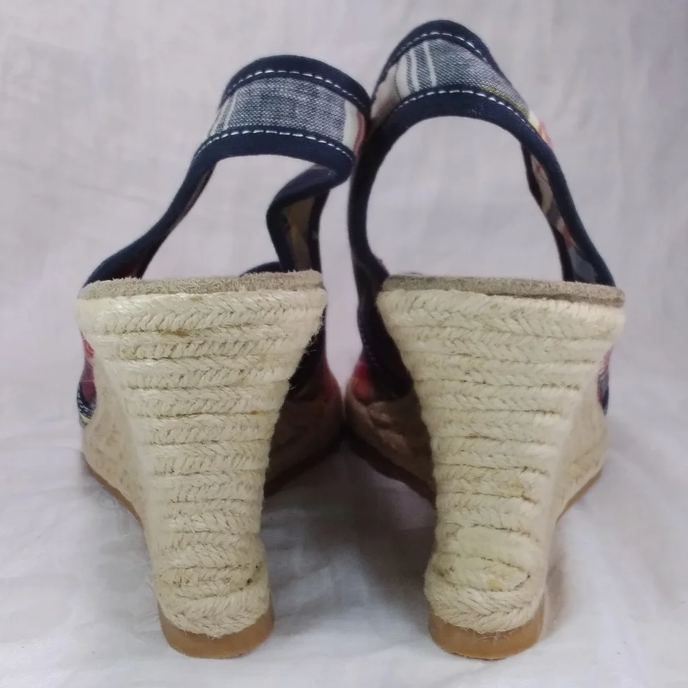 Sahara Buckley Plaid SANDALS Red White Blue Womens Size 10M Slingback Wedge Heel
